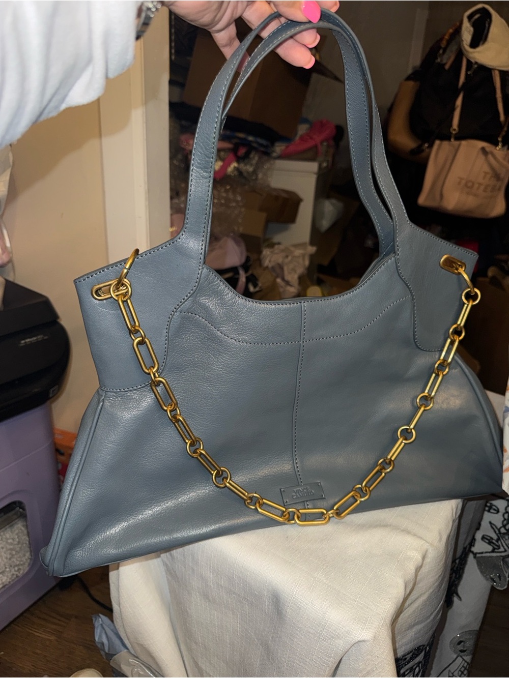 Vince Blue Leather Tote with Gold Chain Accent